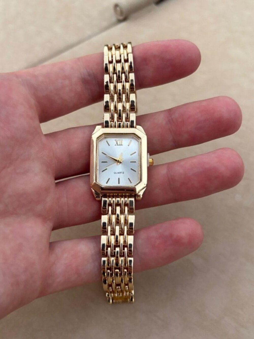 Gold-Tone Quartz Watch with Rectangular White Dial and Multi-Link Bracelet
